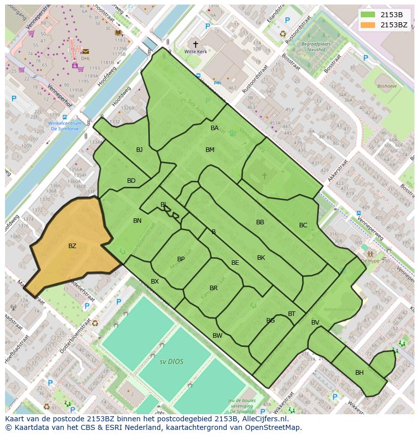 Afbeelding van het postcodegebied 2153 BZ op de kaart.