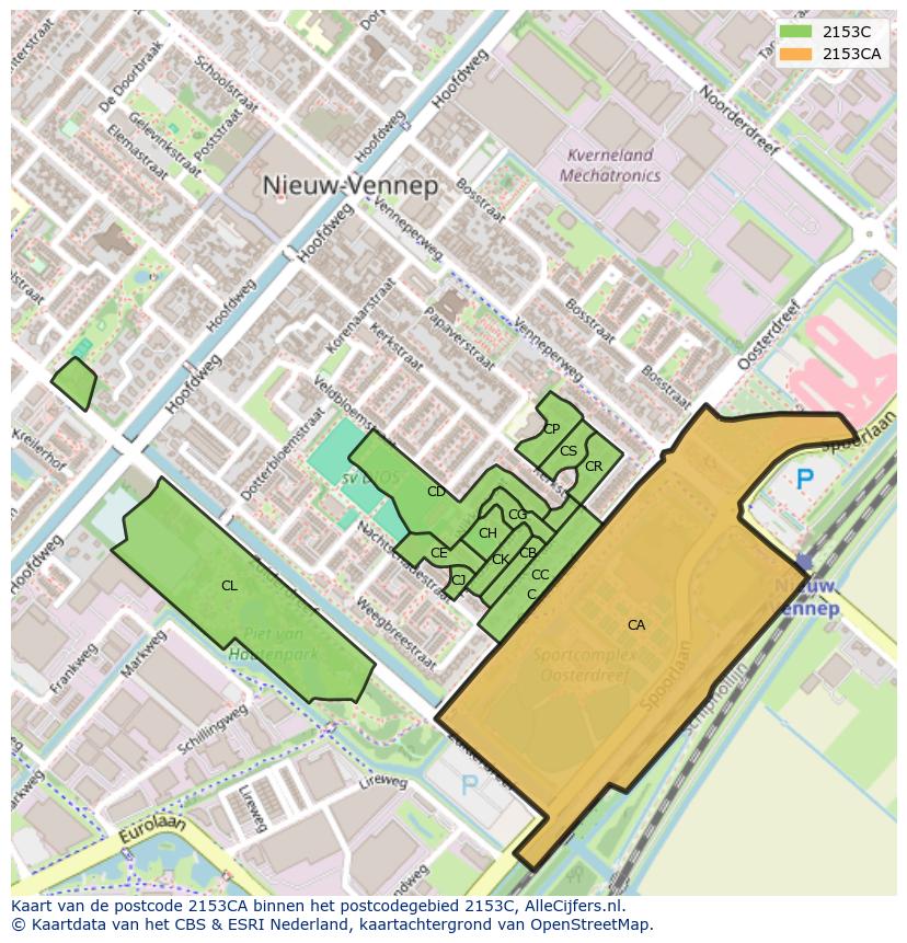 Afbeelding van het postcodegebied 2153 CA op de kaart.