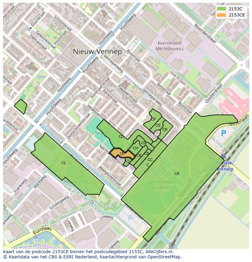 Afbeelding van het postcodegebied 2153 CE op de kaart.