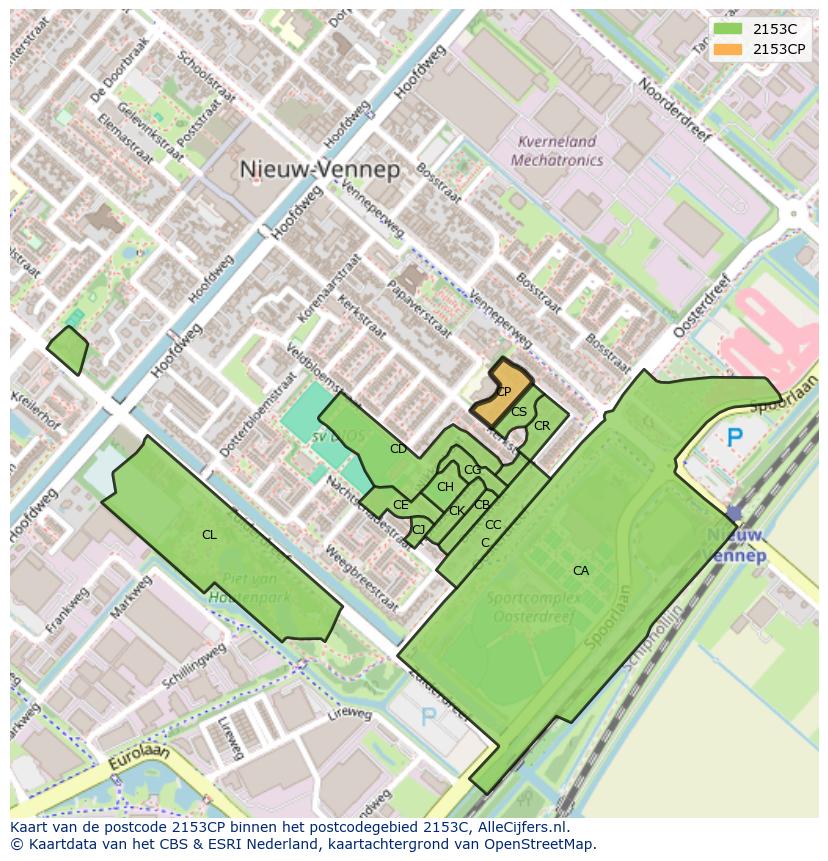 Afbeelding van het postcodegebied 2153 CP op de kaart.
