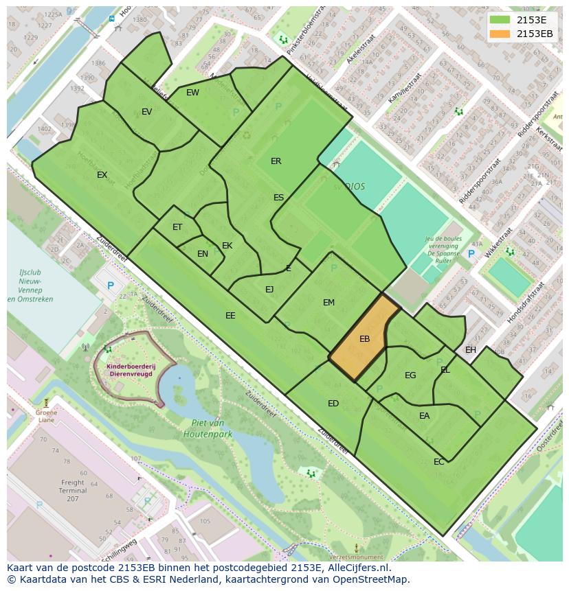 Afbeelding van het postcodegebied 2153 EB op de kaart.