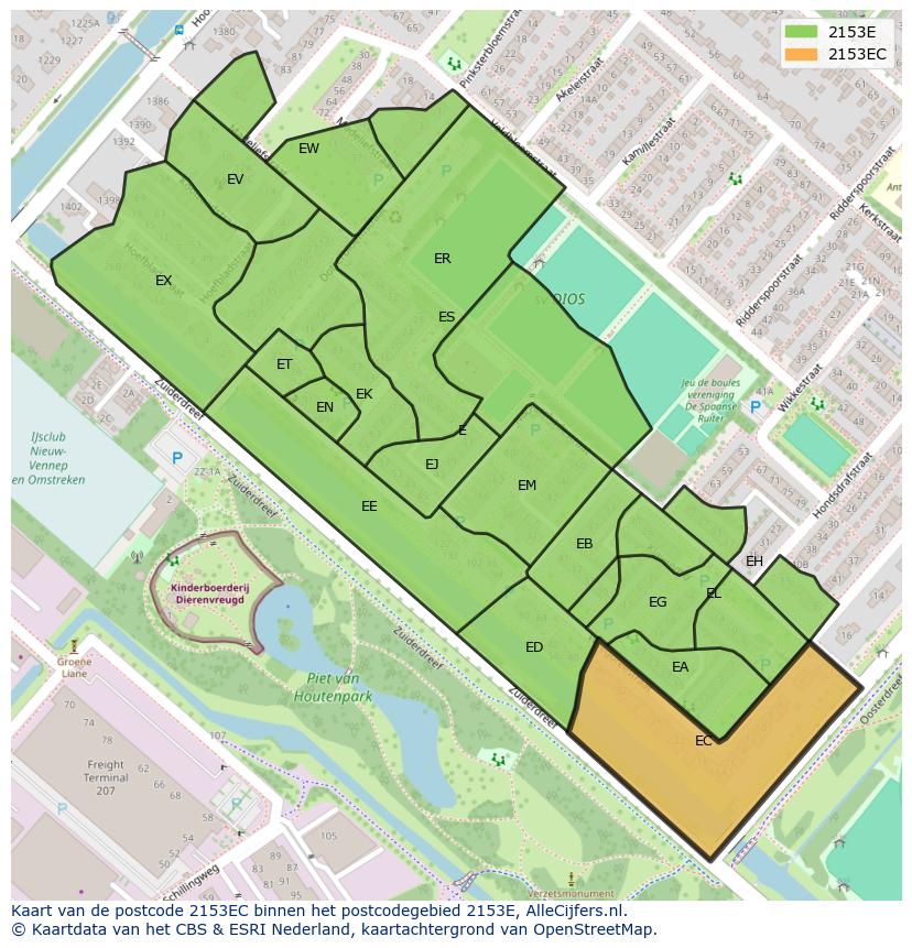 Afbeelding van het postcodegebied 2153 EC op de kaart.