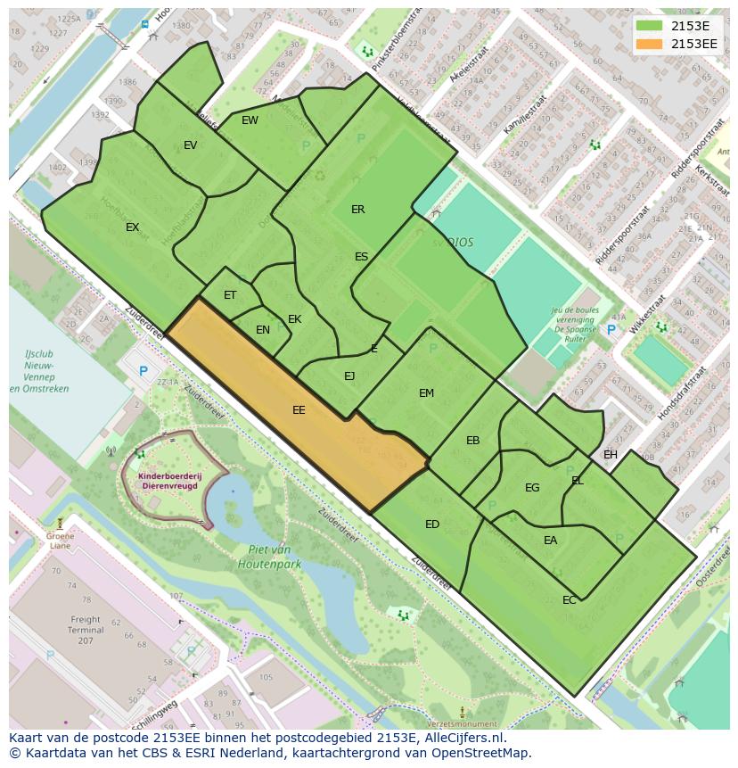 Afbeelding van het postcodegebied 2153 EE op de kaart.