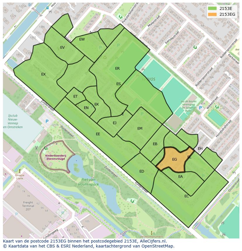 Afbeelding van het postcodegebied 2153 EG op de kaart.