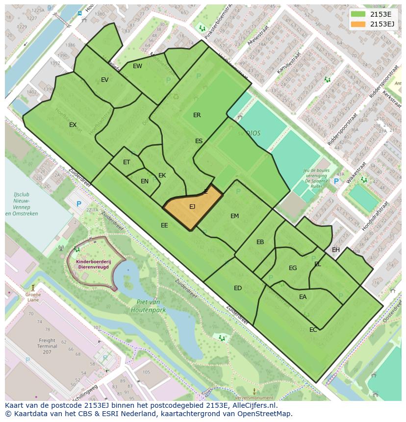 Afbeelding van het postcodegebied 2153 EJ op de kaart.