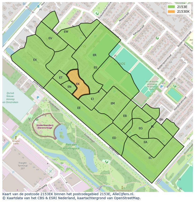 Afbeelding van het postcodegebied 2153 EK op de kaart.