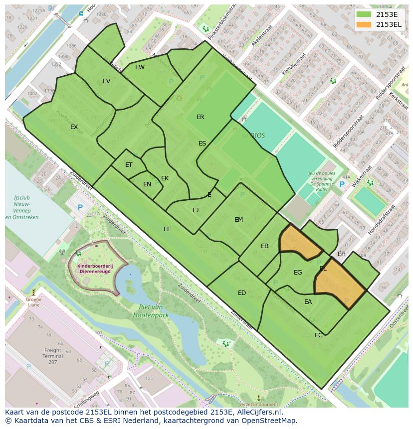 Afbeelding van het postcodegebied 2153 EL op de kaart.