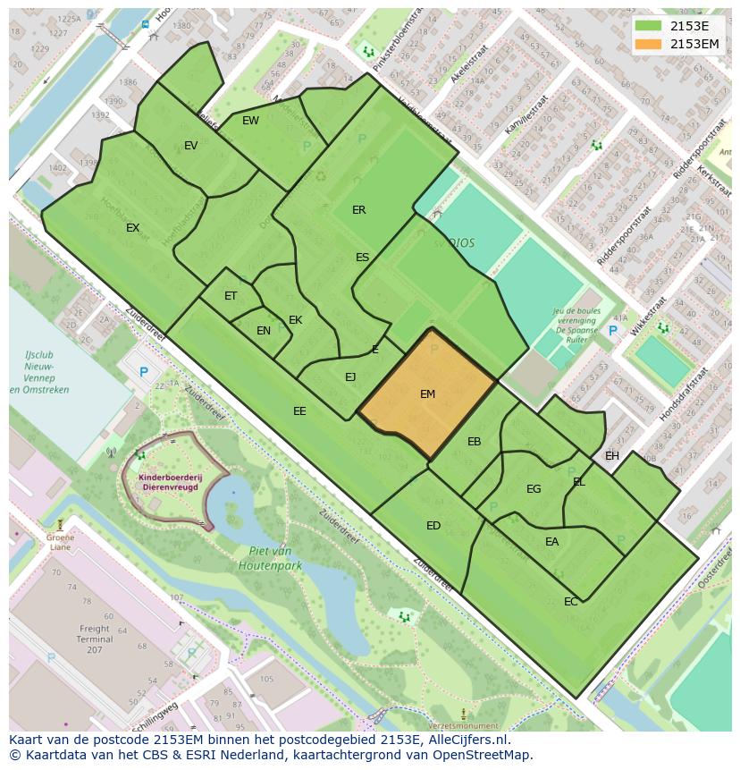 Afbeelding van het postcodegebied 2153 EM op de kaart.