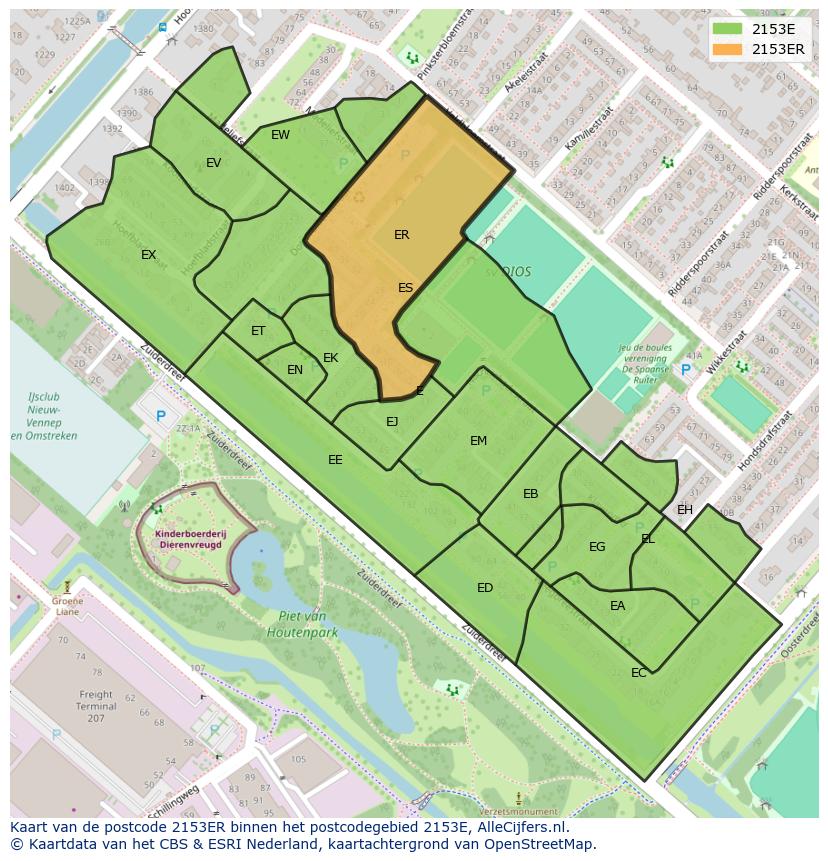 Afbeelding van het postcodegebied 2153 ER op de kaart.