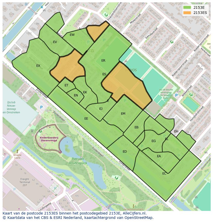 Afbeelding van het postcodegebied 2153 ES op de kaart.