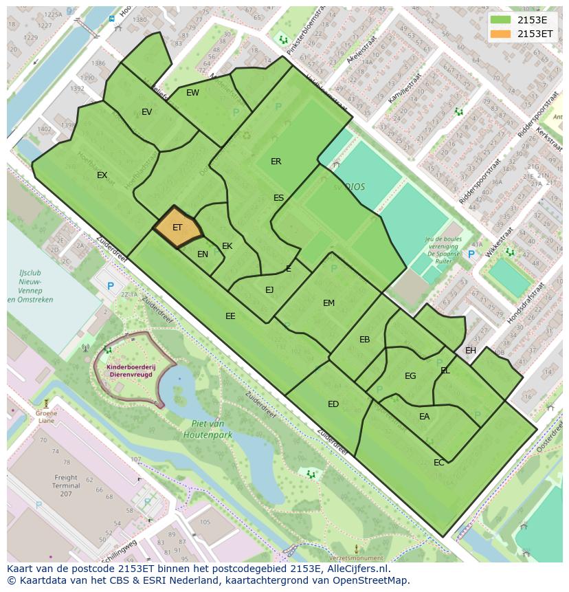 Afbeelding van het postcodegebied 2153 ET op de kaart.