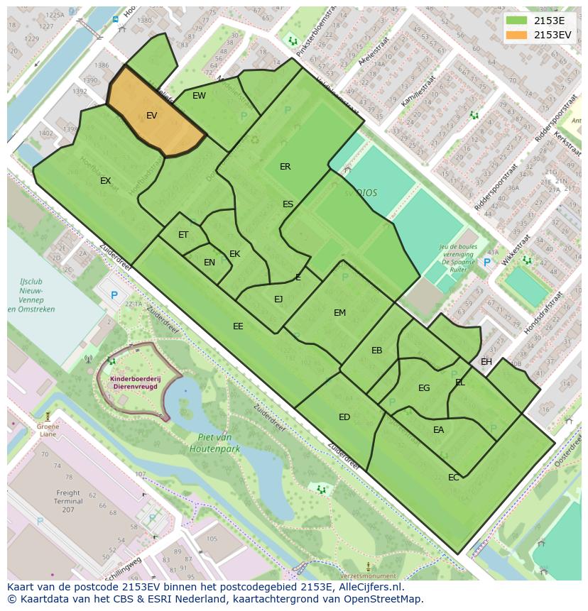 Afbeelding van het postcodegebied 2153 EV op de kaart.