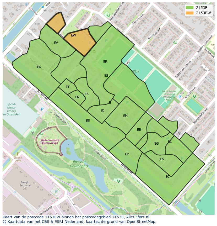 Afbeelding van het postcodegebied 2153 EW op de kaart.