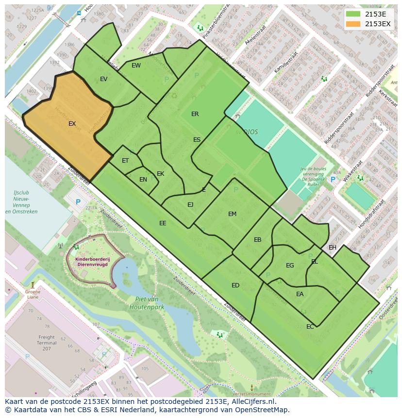 Afbeelding van het postcodegebied 2153 EX op de kaart.