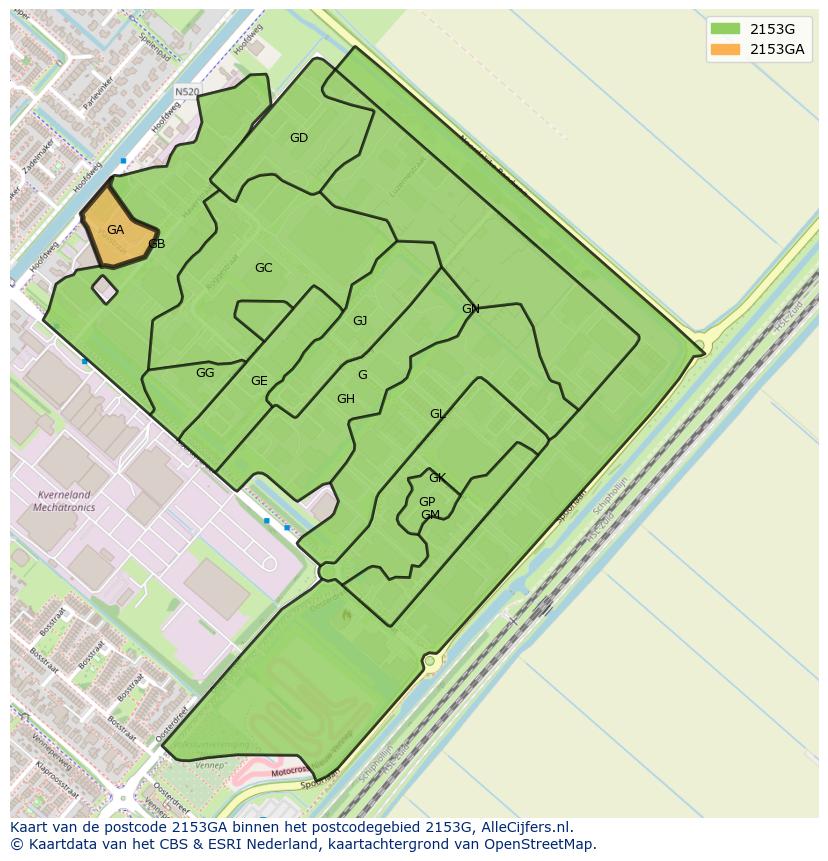 Afbeelding van het postcodegebied 2153 GA op de kaart.