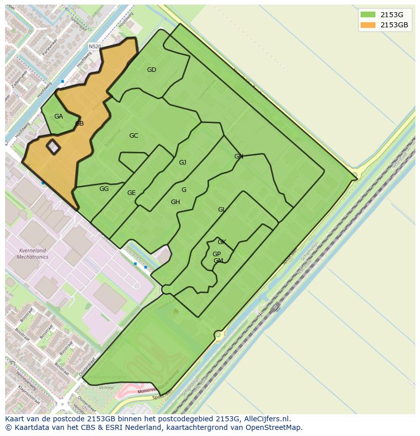 Afbeelding van het postcodegebied 2153 GB op de kaart.