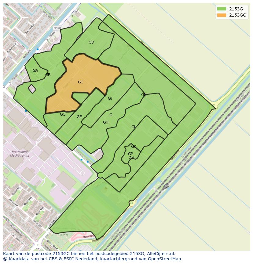 Afbeelding van het postcodegebied 2153 GC op de kaart.