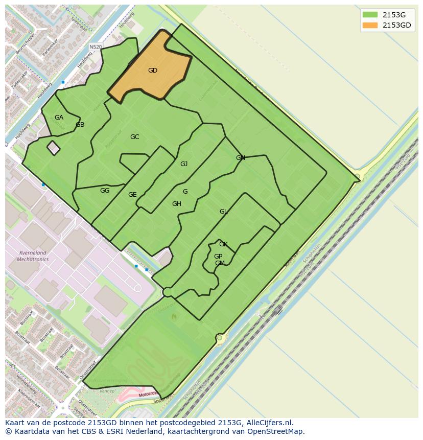 Afbeelding van het postcodegebied 2153 GD op de kaart.