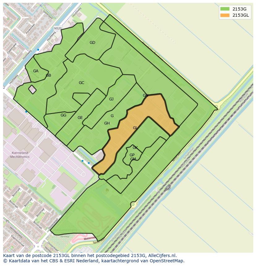 Afbeelding van het postcodegebied 2153 GL op de kaart.