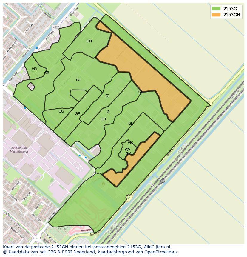 Afbeelding van het postcodegebied 2153 GN op de kaart.