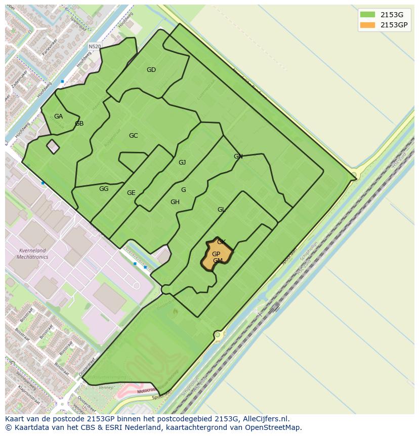 Afbeelding van het postcodegebied 2153 GP op de kaart.