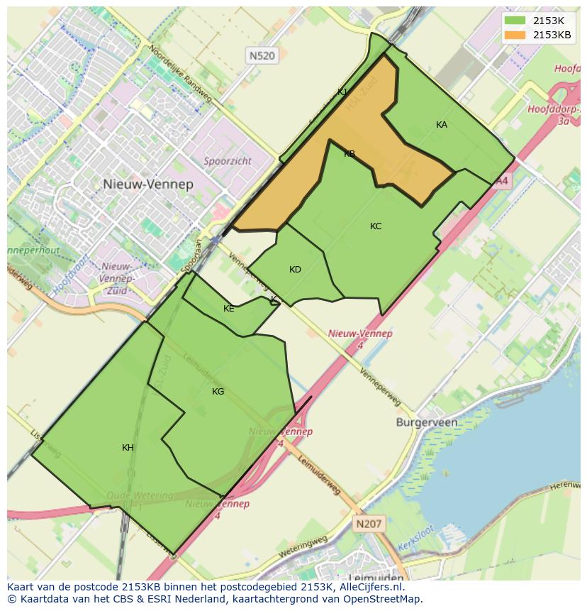 Afbeelding van het postcodegebied 2153 KB op de kaart.