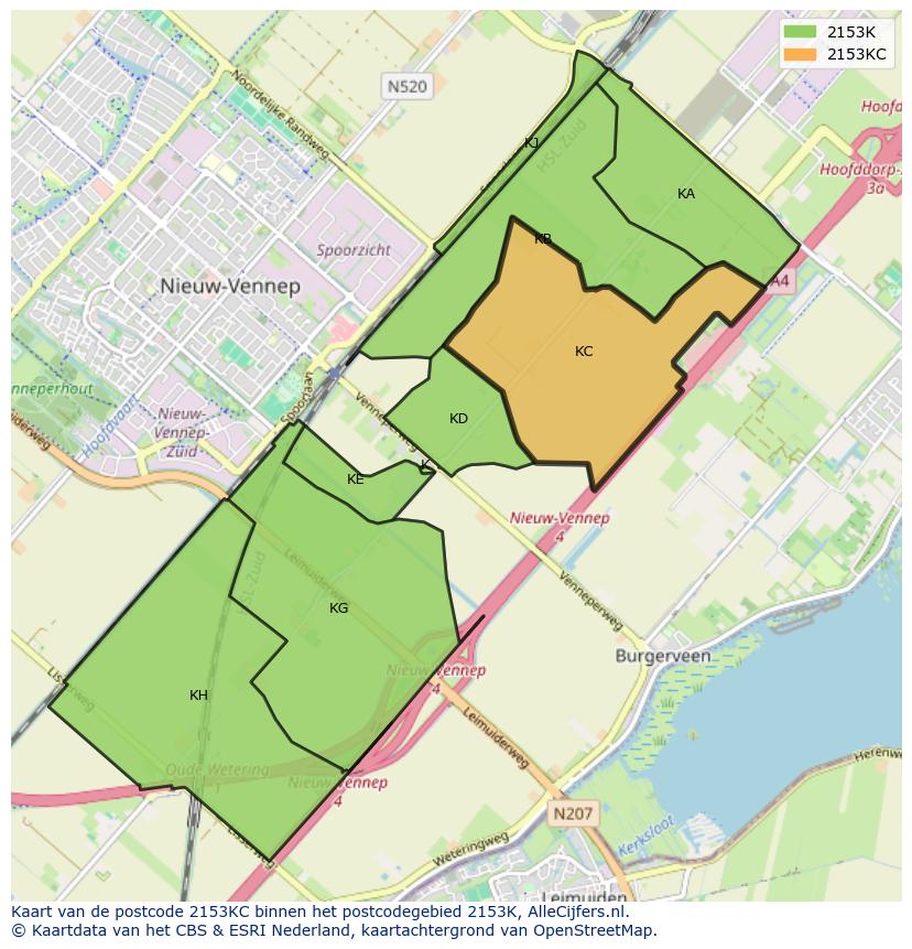 Afbeelding van het postcodegebied 2153 KC op de kaart.