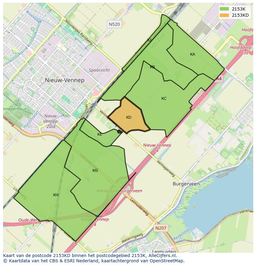 Afbeelding van het postcodegebied 2153 KD op de kaart.