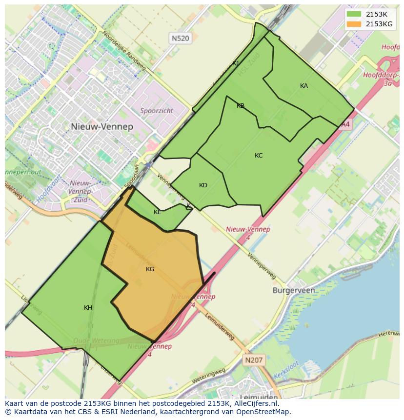 Afbeelding van het postcodegebied 2153 KG op de kaart.