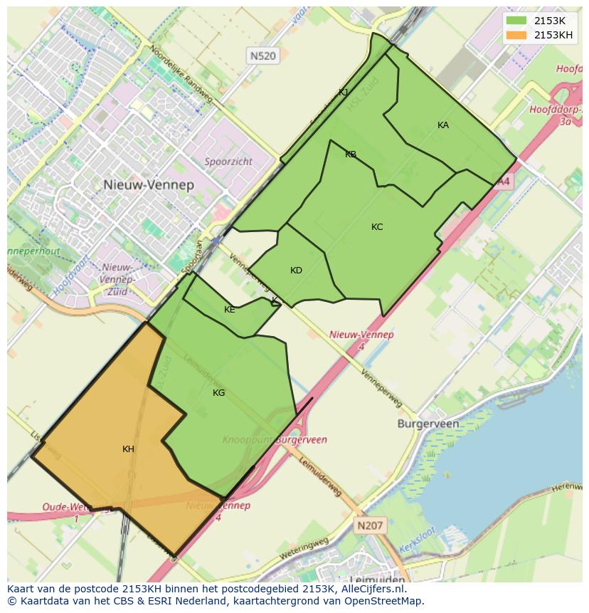 Afbeelding van het postcodegebied 2153 KH op de kaart.