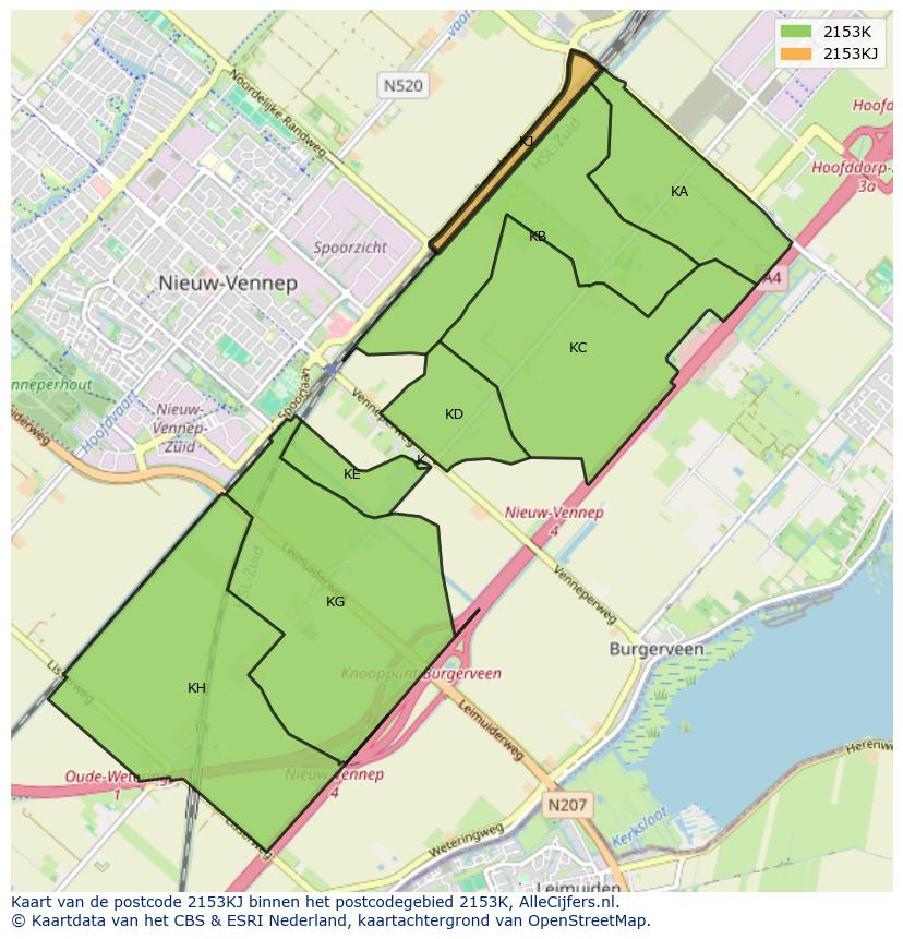 Afbeelding van het postcodegebied 2153 KJ op de kaart.