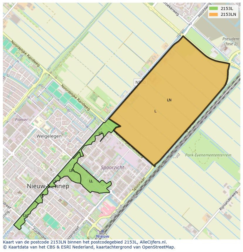 Afbeelding van het postcodegebied 2153 LN op de kaart.