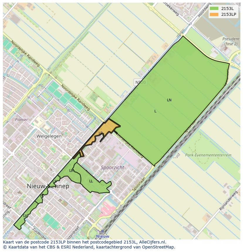 Afbeelding van het postcodegebied 2153 LP op de kaart.