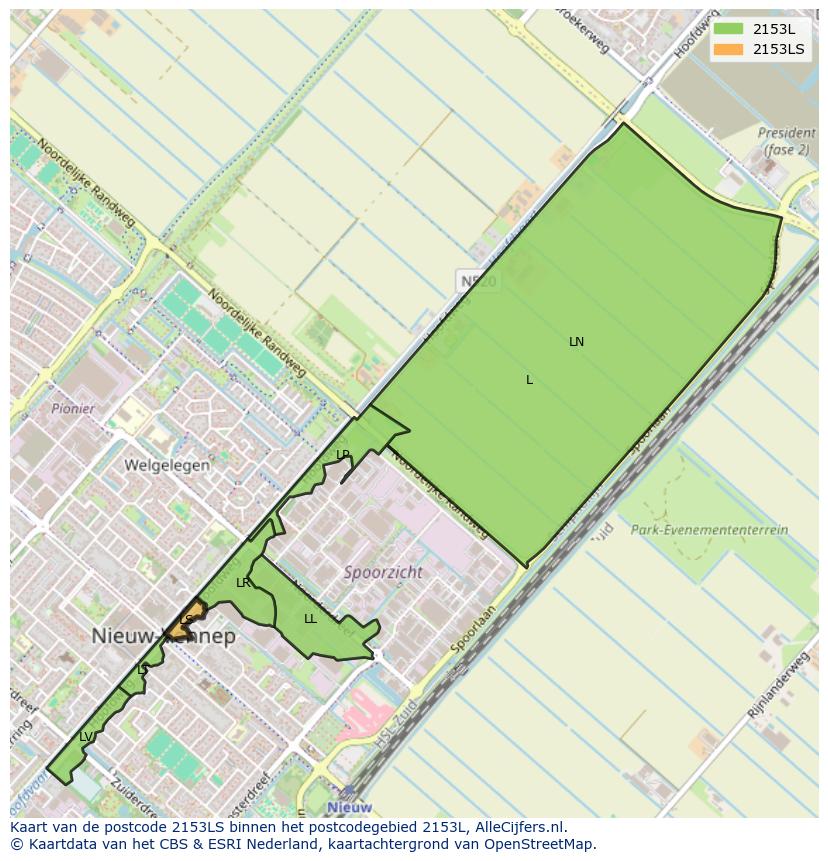 Afbeelding van het postcodegebied 2153 LS op de kaart.