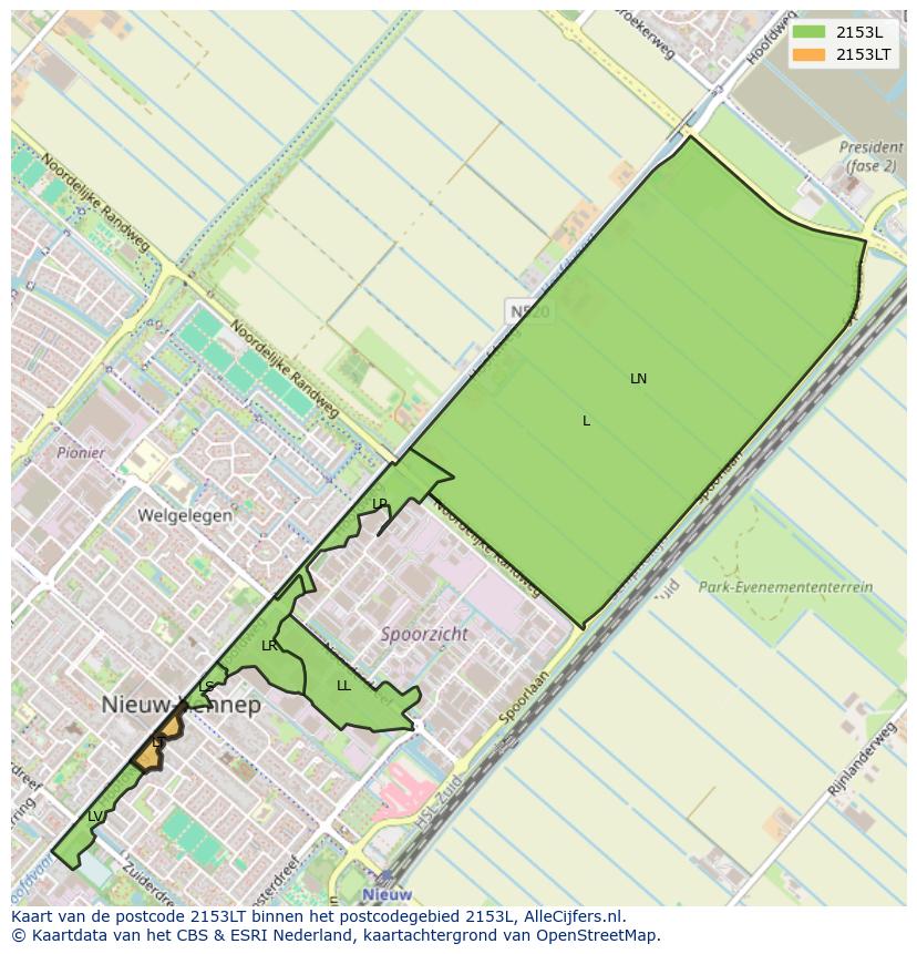 Afbeelding van het postcodegebied 2153 LT op de kaart.