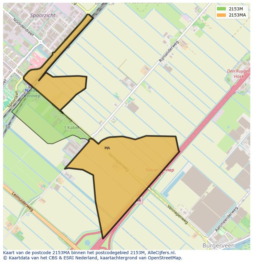 Afbeelding van het postcodegebied 2153 MA op de kaart.