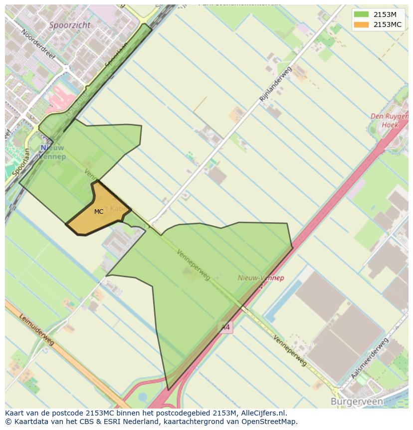 Afbeelding van het postcodegebied 2153 MC op de kaart.
