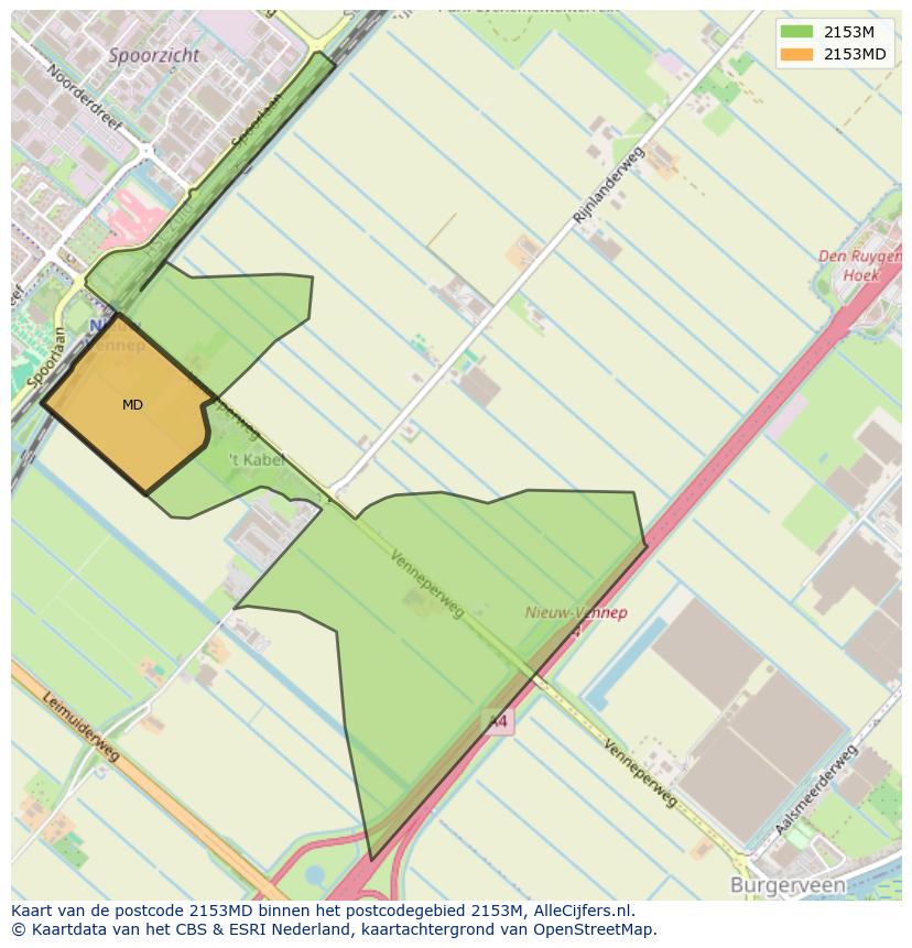 Afbeelding van het postcodegebied 2153 MD op de kaart.