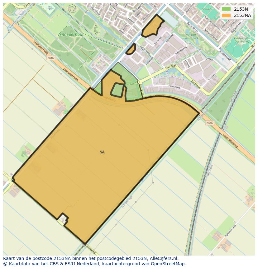 Afbeelding van het postcodegebied 2153 NA op de kaart.