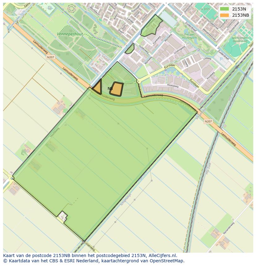 Afbeelding van het postcodegebied 2153 NB op de kaart.