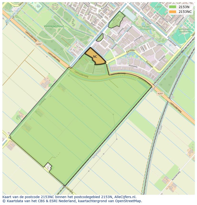 Afbeelding van het postcodegebied 2153 NC op de kaart.