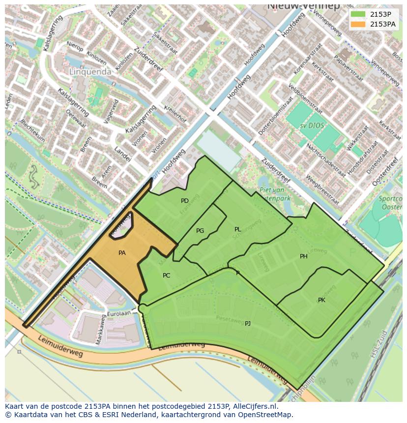 Afbeelding van het postcodegebied 2153 PA op de kaart.