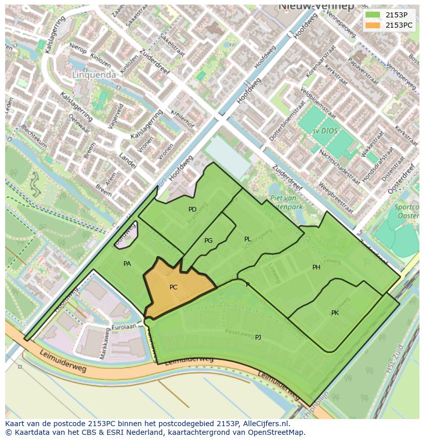 Afbeelding van het postcodegebied 2153 PC op de kaart.