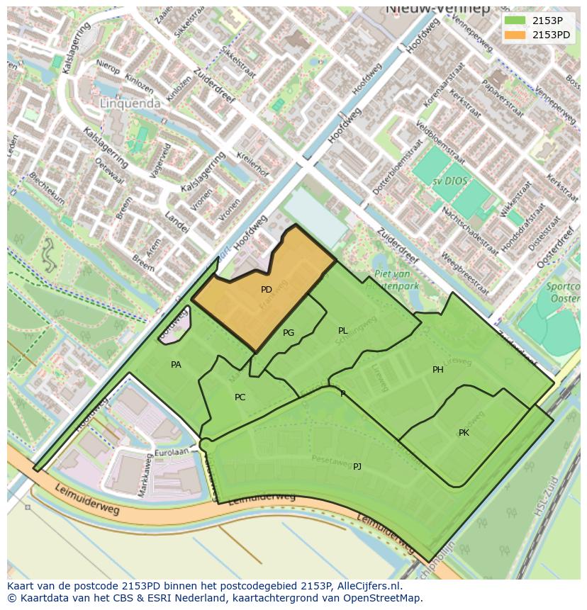 Afbeelding van het postcodegebied 2153 PD op de kaart.