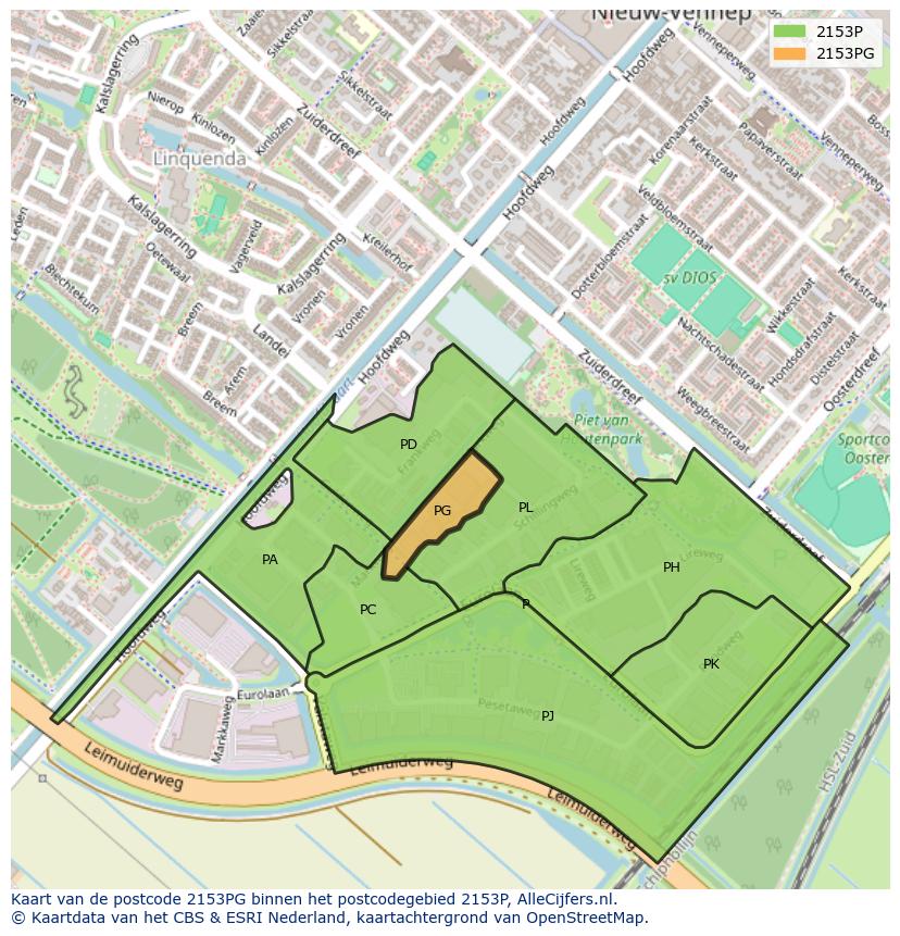 Afbeelding van het postcodegebied 2153 PG op de kaart.