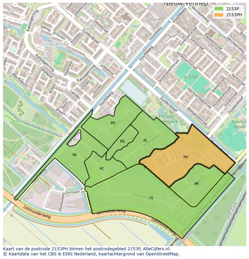 Afbeelding van het postcodegebied 2153 PH op de kaart.