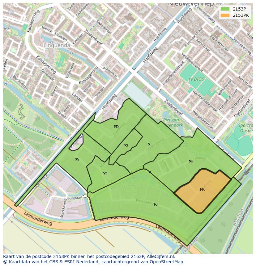 Afbeelding van het postcodegebied 2153 PK op de kaart.