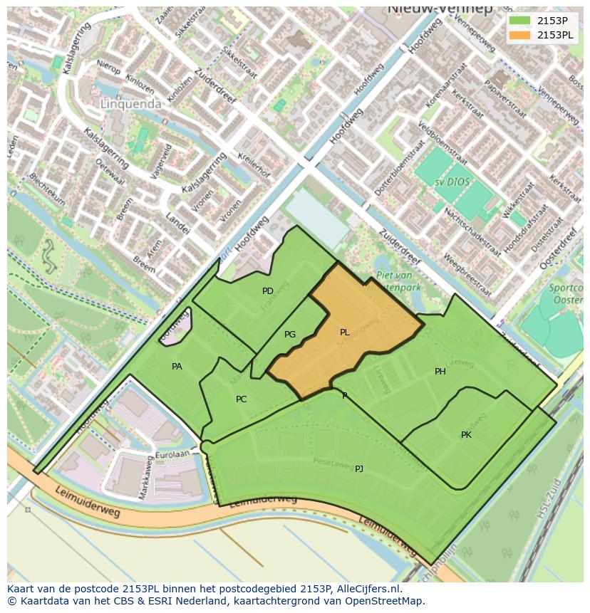 Afbeelding van het postcodegebied 2153 PL op de kaart.