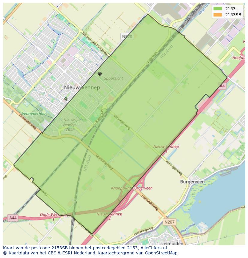 Afbeelding van het postcodegebied 2153 SB op de kaart.