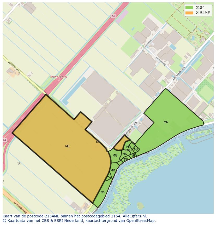 Afbeelding van het postcodegebied 2154 ME op de kaart.